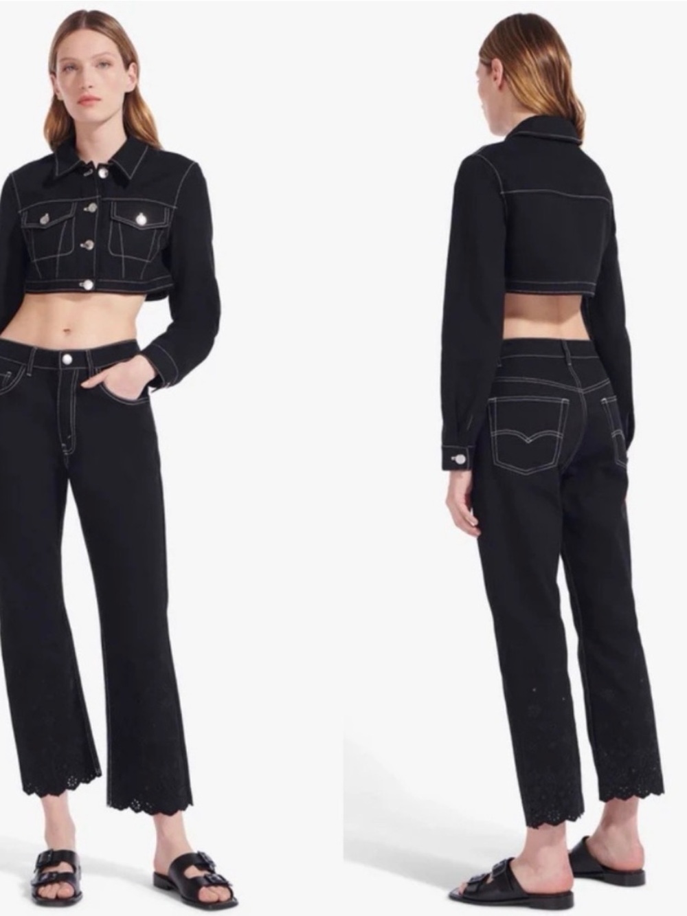 STAUD Black Cropped Jeans with Contrast White Stitching